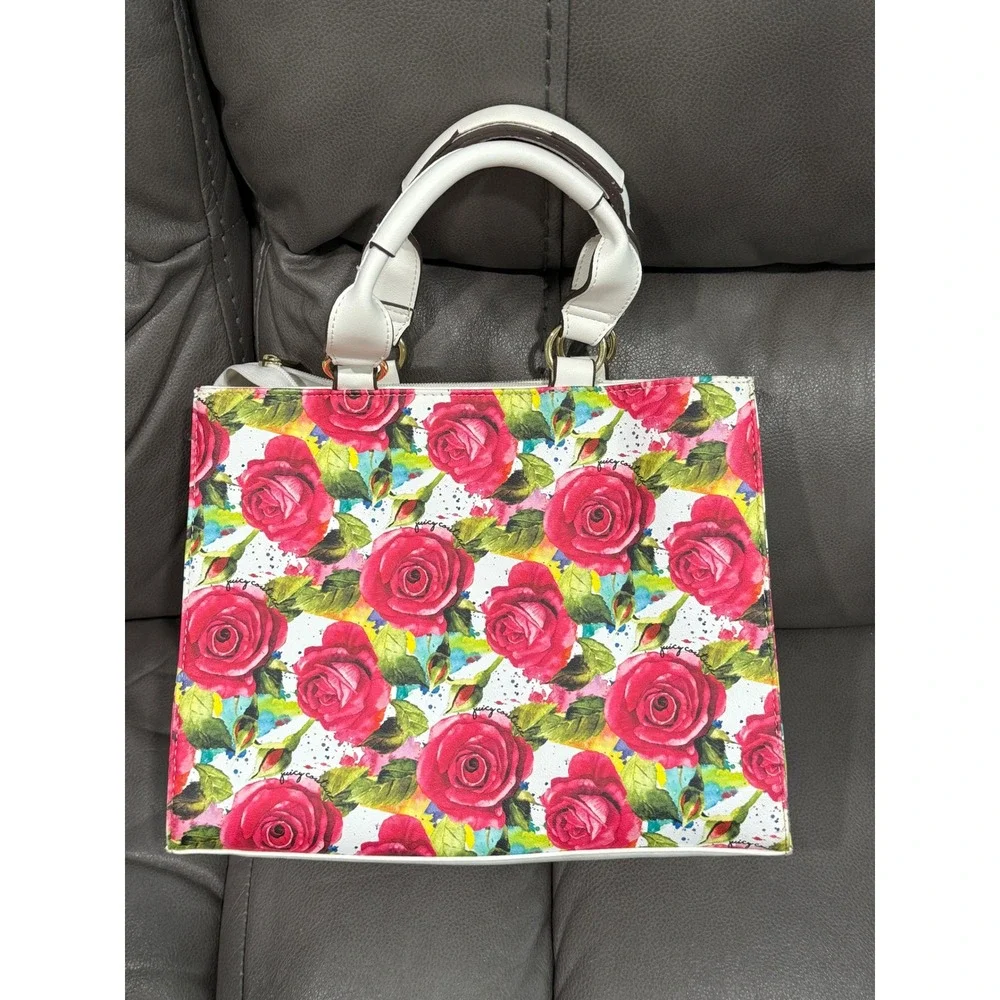 Juicy Couture Rose Print Satchel‎ Handbag White Pink Los Angeles California